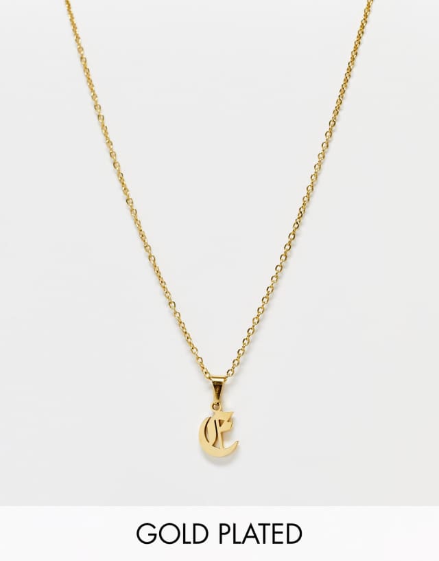 Bohomoon gold plated stainless steel necklace with gothic E initial pendant