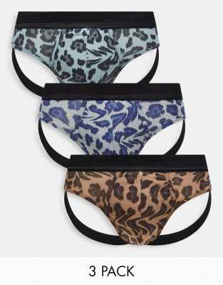 Bolongaro Trevor Bolongaro Trevor 3 pack jock straps in brown grey and blue leopard print