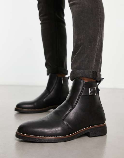 Mens black outlet leather buckle boots