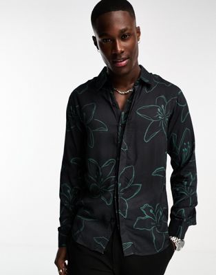 Bolongaro Trevor long sleeve floral shirt in black and green - ASOS Price Checker