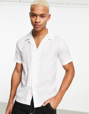 Bolongaro Trevor crepe slim fit revere collar short sleeve shirt in white-Brown