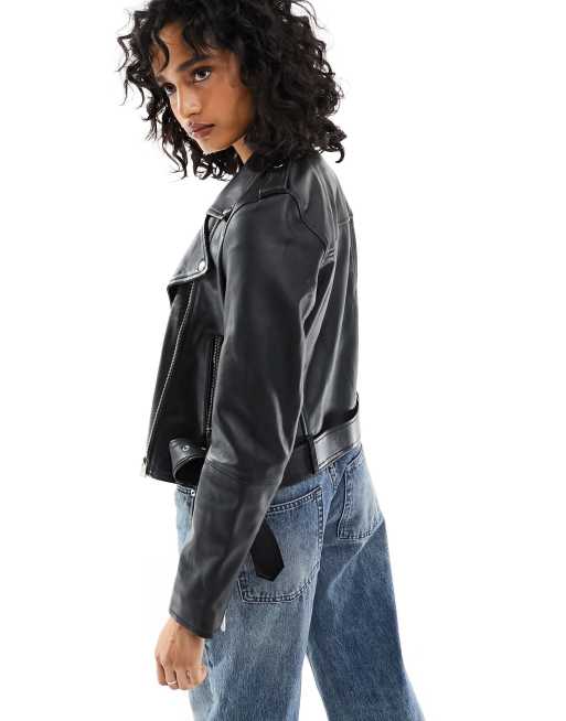  Bolongaro Trevor cropped belted leather biker jacket in black, 2 of 4