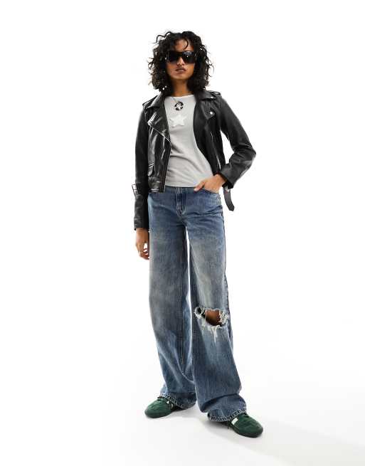  Bolongaro Trevor cropped belted leather biker jacket in black, 3 of 4