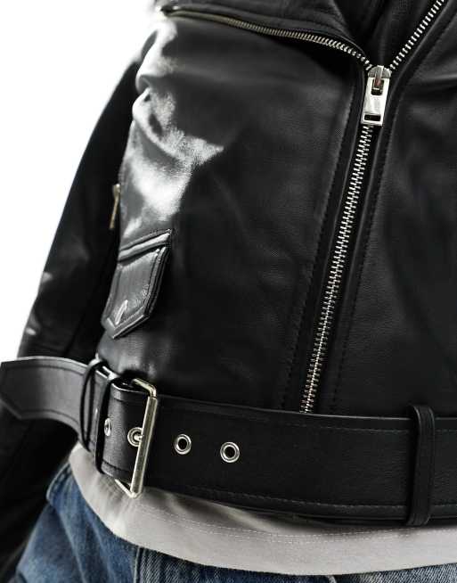 Bolongaro Trevor cropped belted leather biker jacket in black, 4 of 4