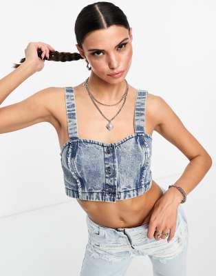 cropped denim bralette top in acid blue