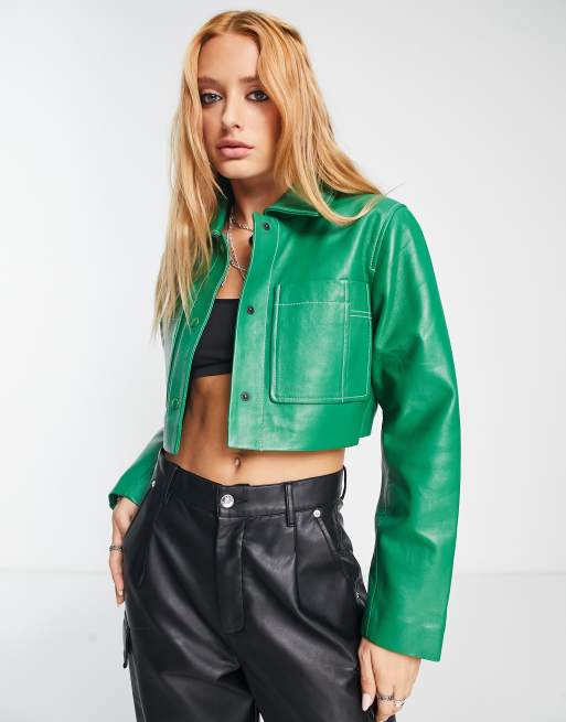 Bolongaro Trevor Cropped Leather Worker Jacket In Green