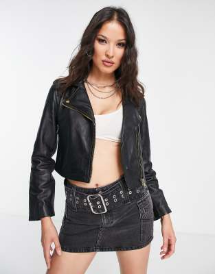 Bolongaro Trevor daisy cropped leather biker jacket in black - ASOS Price Checker