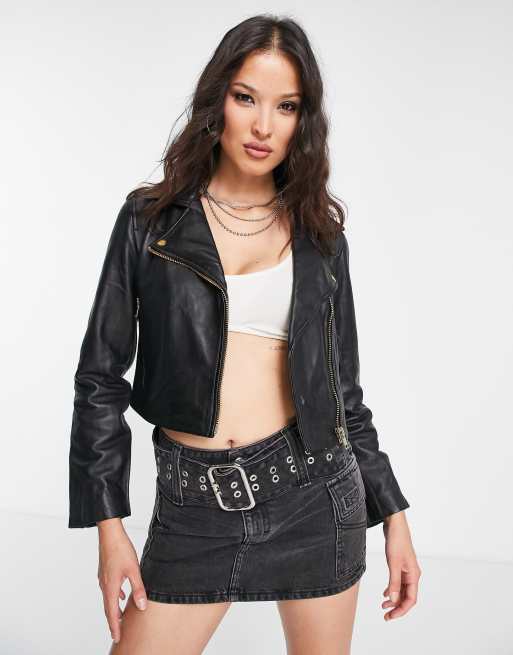 Bolongaro Trevor daisy cropped leather biker jacket in black | ASOS