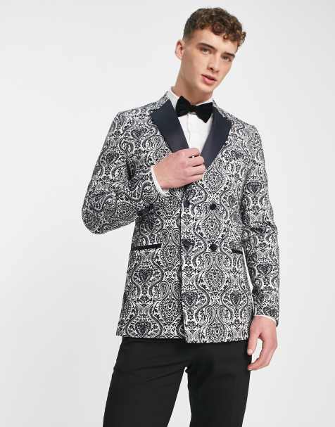 Bolongaro Trevor double breasted paisley print black lapel suit jacket in navy and cream - view 1
