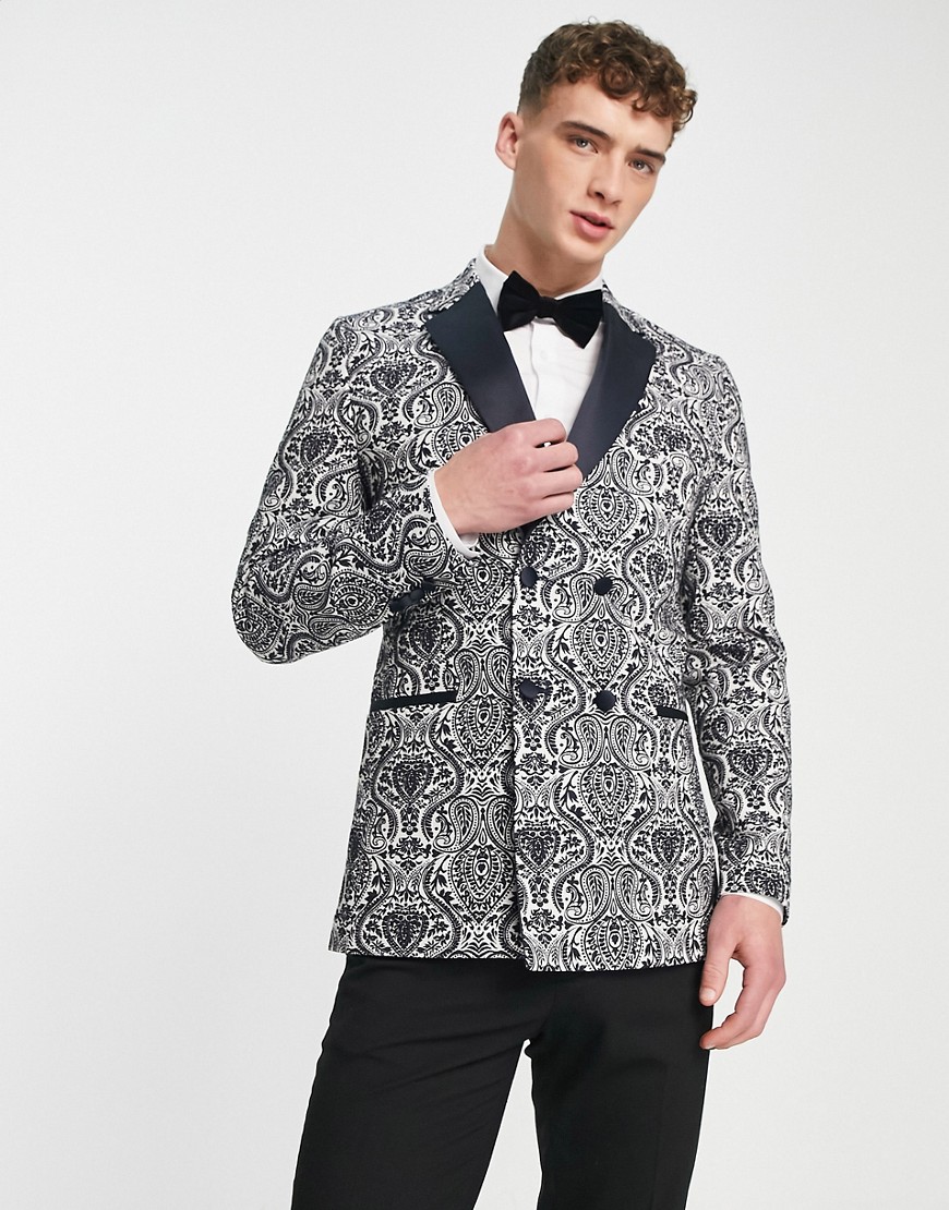Bolongaro Trevor double breasted paisley print black lapel suit jacket in navy and cream