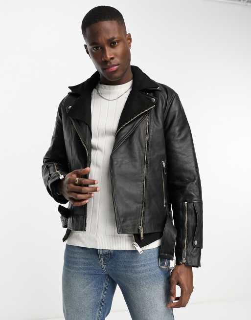 Bolongaro Trevor double layer leather biker jacket with removeable inner  lining in black