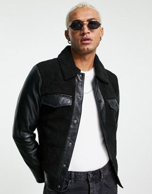 Bolongaro Trevor ermias shearling panel leather jacket - ASOS Price Checker