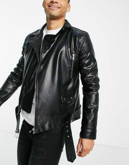 Bolongaro Trevor faux leather biker jacket in black | ASOS