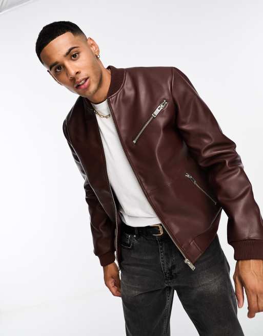 Asos mens leather bomber jacket deals