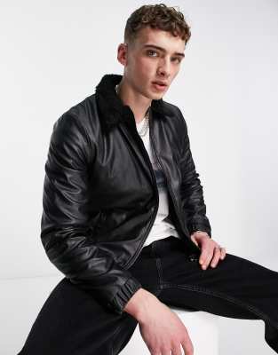 Bolongaro Trevor Faux Leather Bomber Jacket With Borg Collar In Black ...