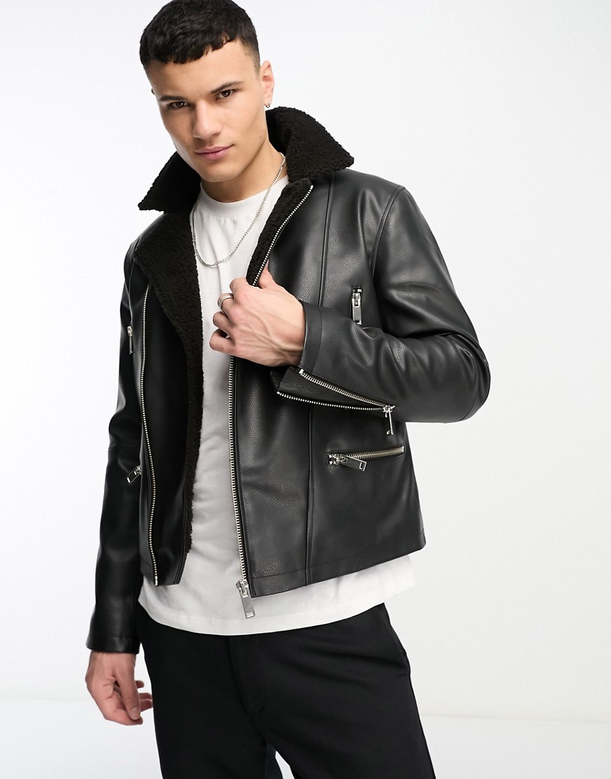 Bolongaro Trevor faux leather sheeling biker jacket in black