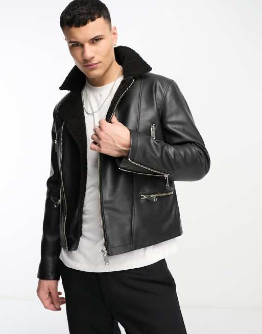 Bolongaro Trevor faux leather sheeling biker jacket in black | ASOS