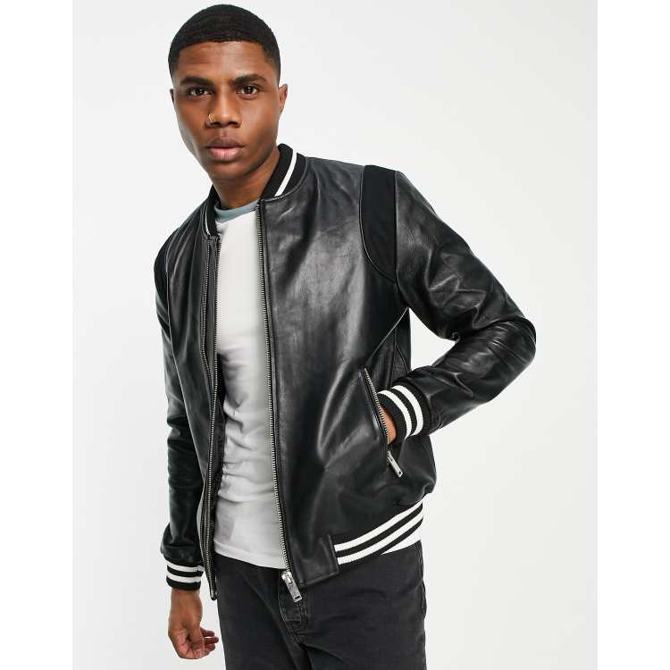 Muubaa Plain Varsity Leather Bomber Jacket-Green - ASOS Outlet