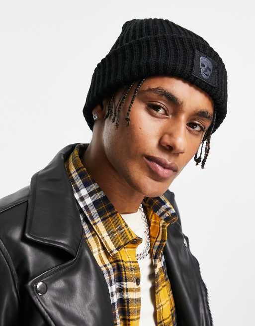 Bolongaro Trevor - Geribbelde beanie met doodshoofdlogo in zwart