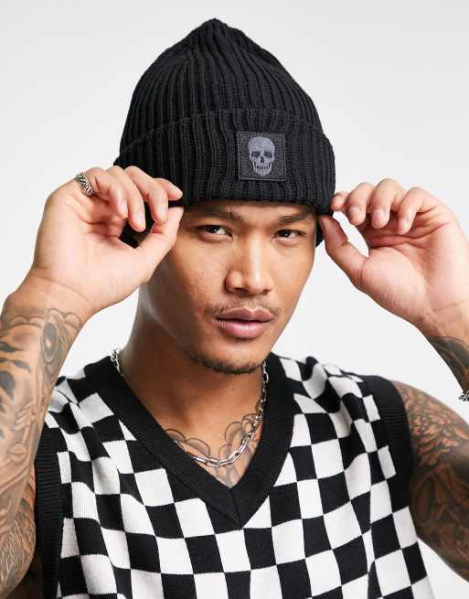 Bolongaro Trevor - Geribbelde beanie met doodshoofdlogo in zwart