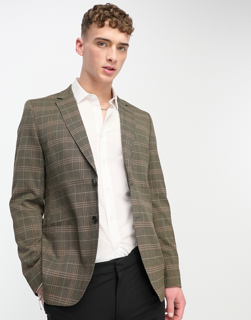 khaki check suit jacket-Brown