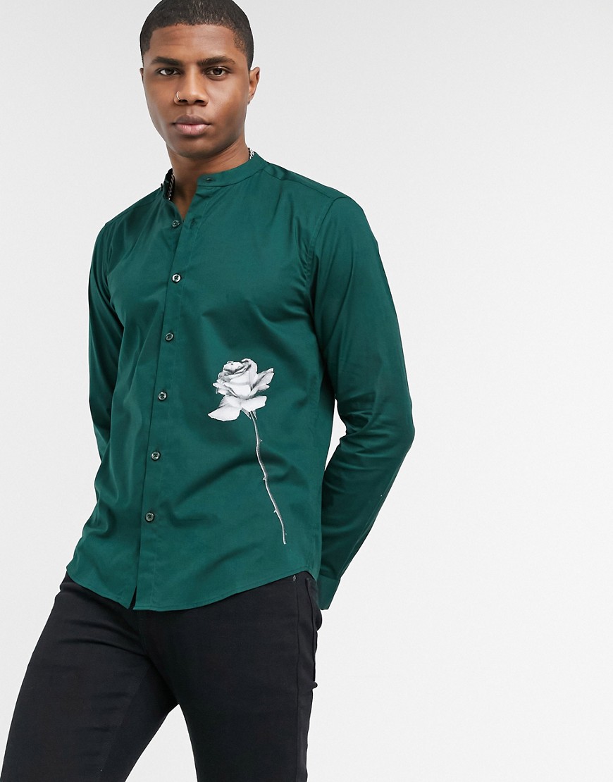 Bolongaro Trevor - Langærmet grandad-skjorte med rosenprint-Grøn