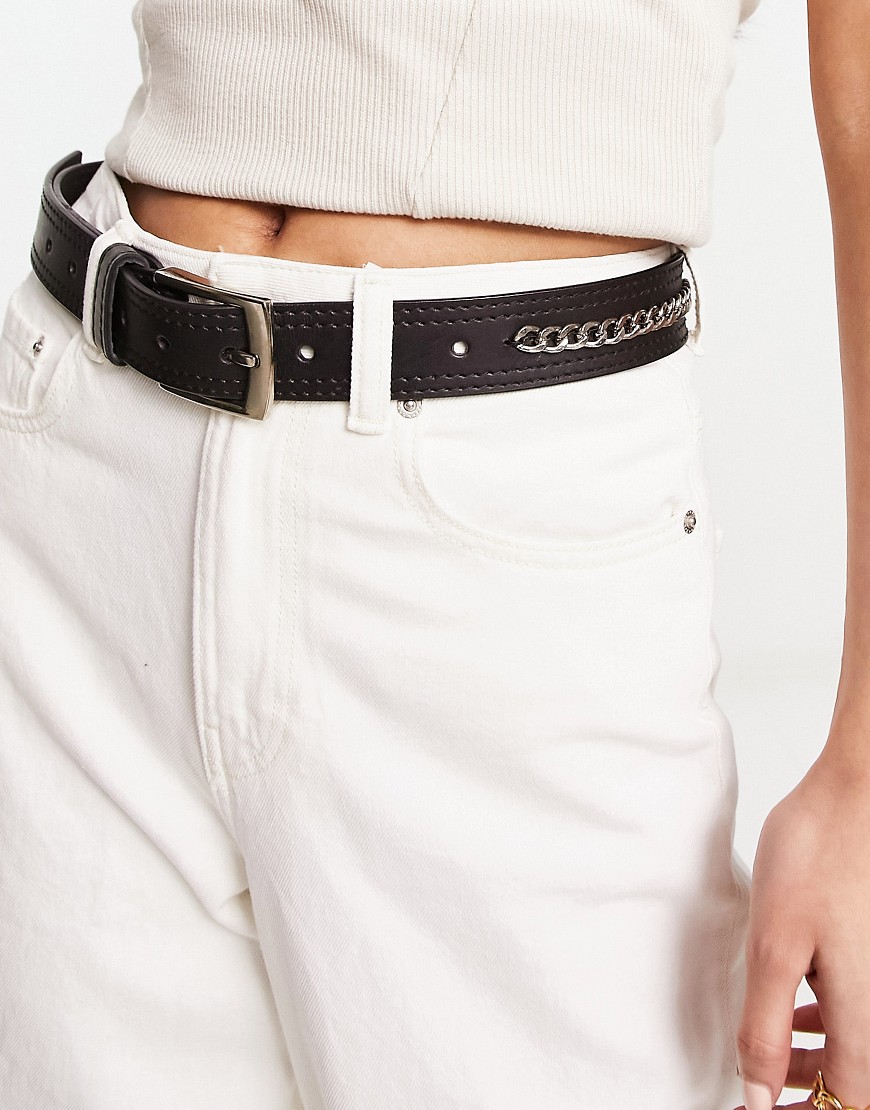 leather chain detail belt in black