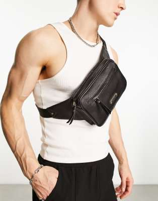 leather fanny pack with side zip pocket in black