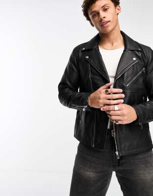 Bolongaro Trevor leather ranger biker jacket in black - ASOS Price Checker