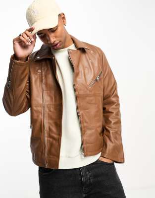 Bolongaro Trevor Bolongaro Trevor leather ranger biker jacket in tan-Brown