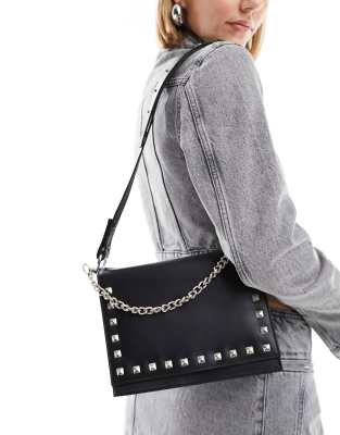 leather studded shoulder bag in black