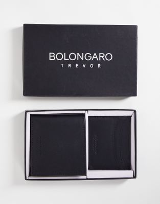 BOLONGARO TREVOR LEATHER WALLET AND CARD HOLDER GIFT SET IN BLACK 
