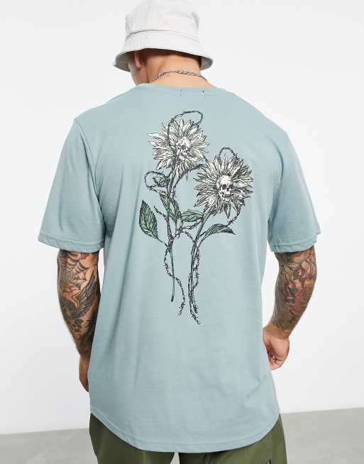 Bolongaro Trevor – Locker geschnittenes T-Shirt in Kornblumenblau mit Sonnenblumen-Totenkopf-Print