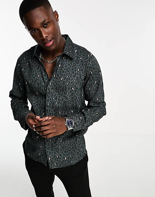 Bolongaro Trevor long sleeve leopard print shirt in grey and black | ASOS
