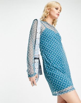 Bolongaro Trevor long sleeve mesh mini dress in light blue floral - Click1Get2 Sale
