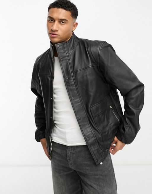 Bolongaro Trevor longline zip through leather bomber jacket in black | ASOS