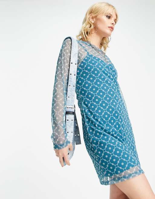 Bolongaro Trevor - Mini jurk van mesh met lange mouwen en bloemenprint in lichtblauw 