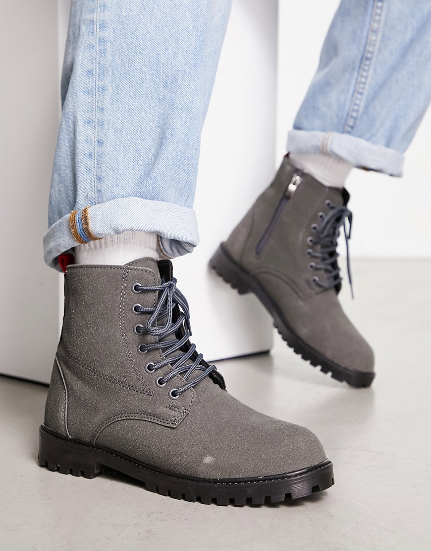minimal lace-up boots in gray faux leather