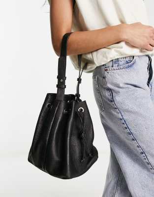 mock croc leather bucket bag in black