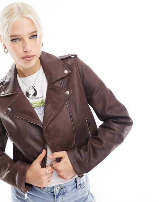 Bolongaro Trevor Olivia cropped leather biker jacket in brown ASOS