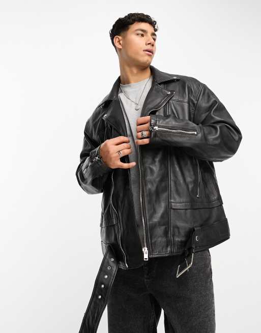 Bolongaro Trevor - Oversized biker-læderjakke med lynlås og bælte i sort