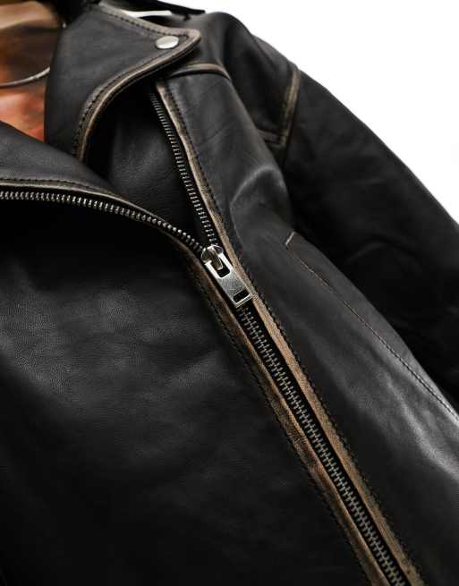 Distressed black leather motorcycle on sale jacket