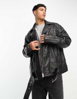 Bolongaro Trevor Oversized Zip Biker Leather Jacket With Belt In Black