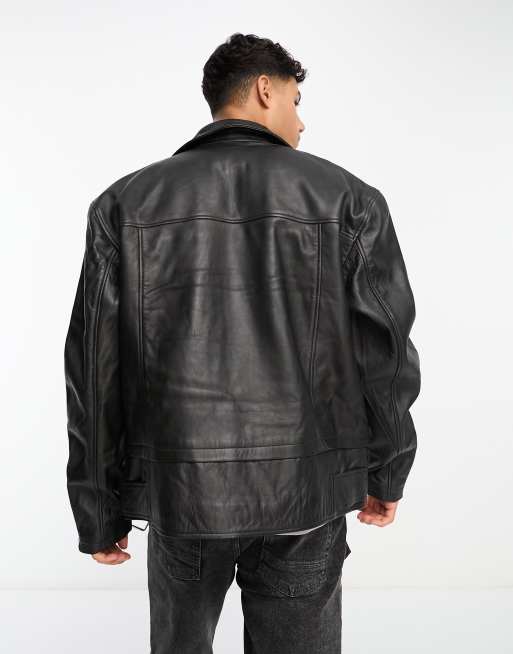 Bolongaro Trevor oversized zip biker leather jacket with belt in black