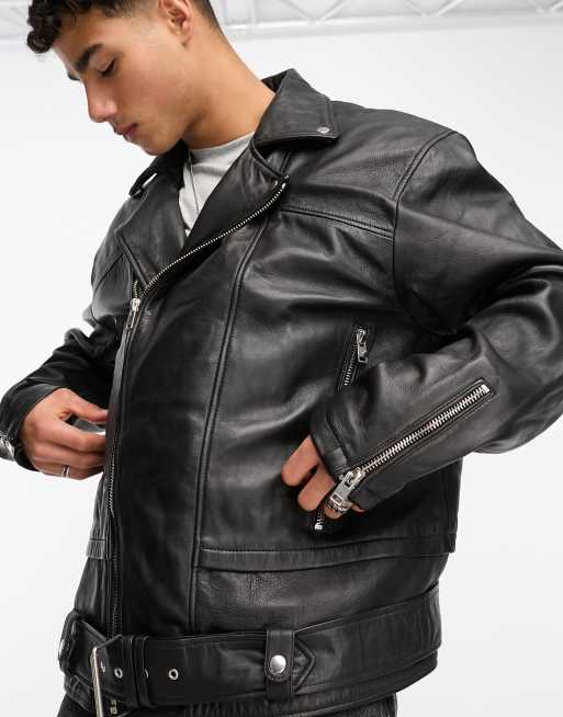 abort Veluddannet Miniature Bolongaro Trevor oversized zip biker leather jacket with belt in black |  ASOS