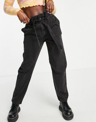 Bolongaro Trevor paper bag waist jeans in washed black - Click1Get2 Promotions