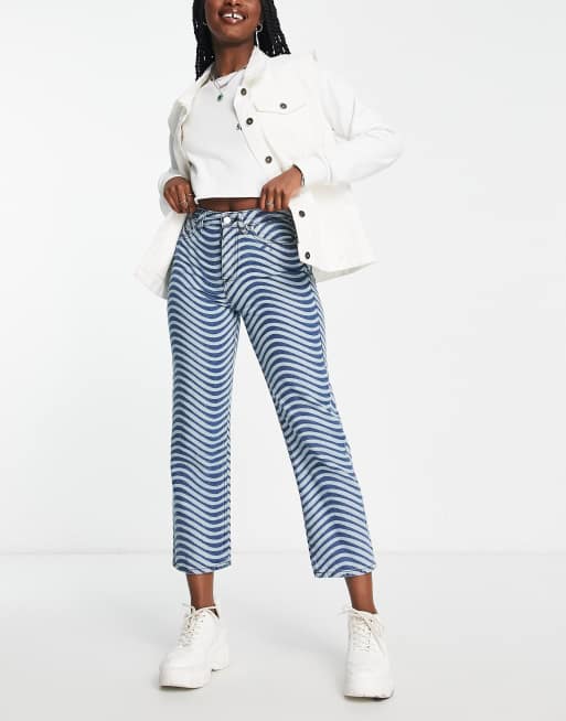 Blue and white store striped mom jeans