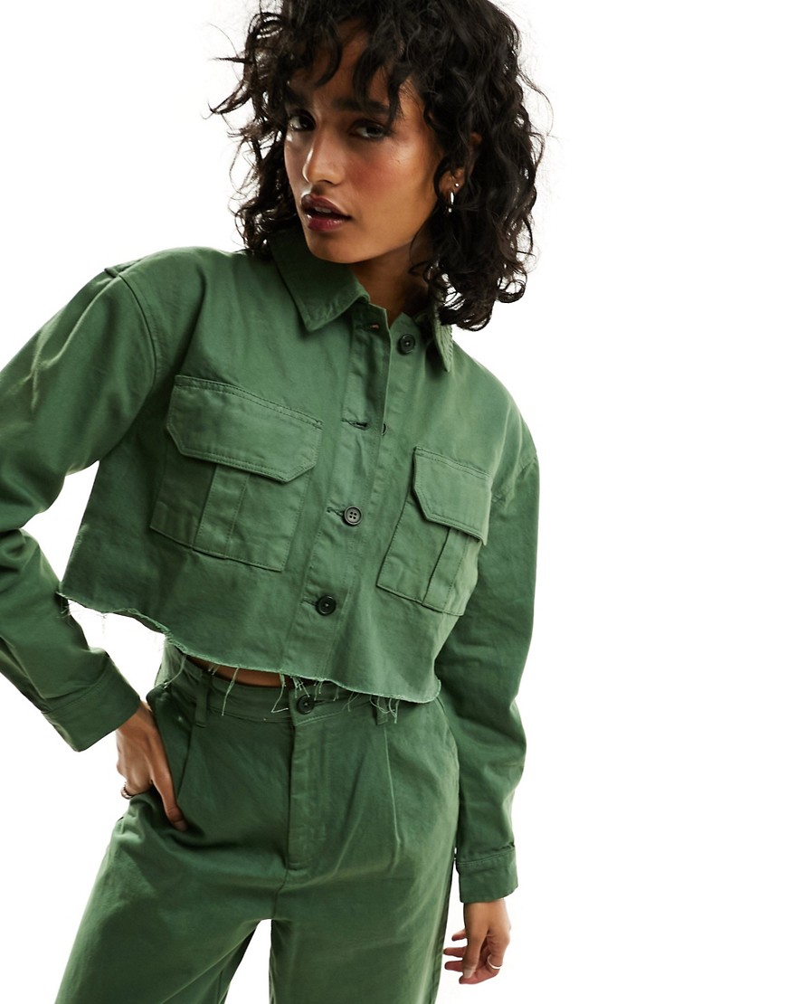 raw hem cropped worker jacket in khaki green - part of a set
