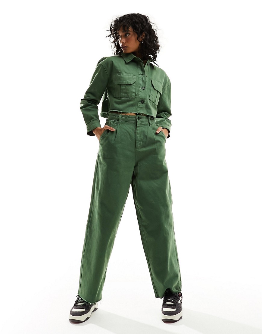 raw hem wide leg pants in khaki green - part of a set