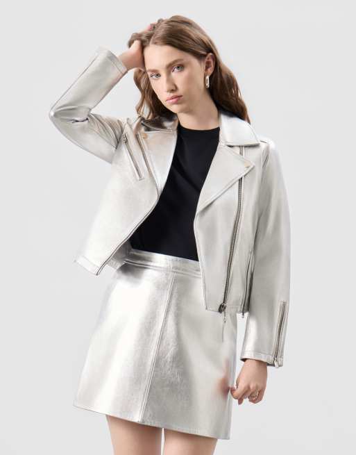 Bolongaro Trevor Real leather cora biker jacket in silver, 3 of 5